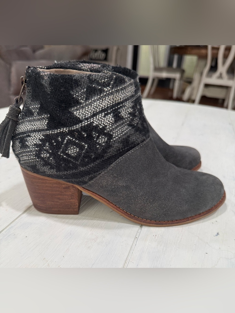Toms Lelia Booties Tribal Wool Cuff Black and Gray Patterned Suede Ankle